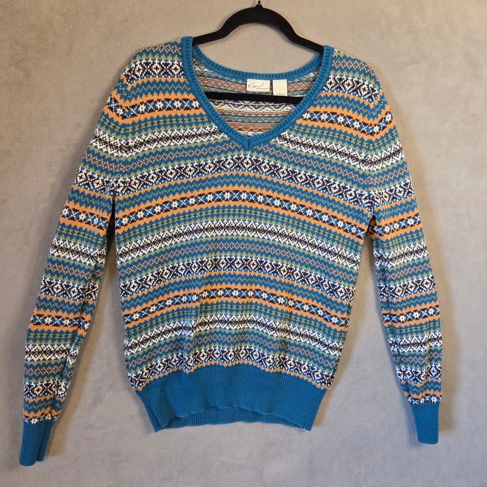 Kim Rogers Fair Isle V-Neck Sweater Women's Large Cottage Academia Preppy